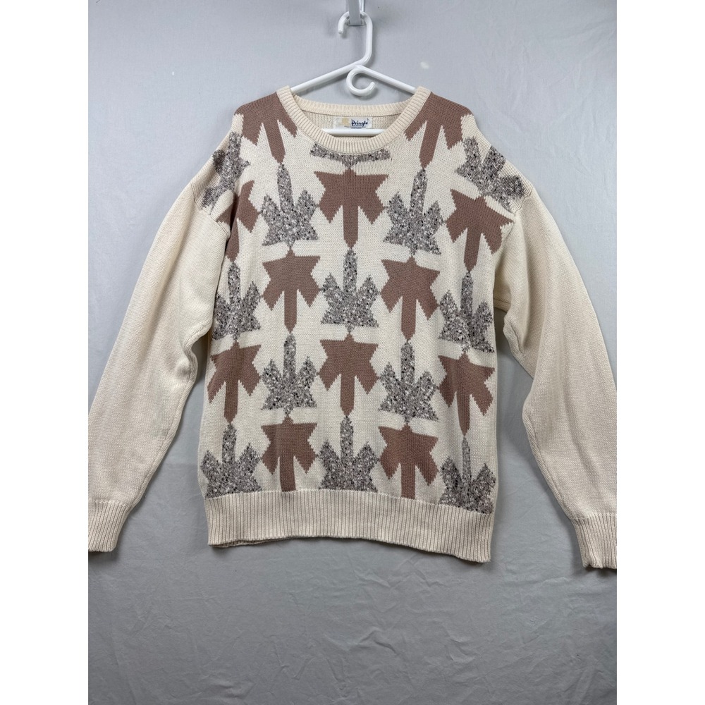 Pringle of Scotland Sweater Mens Large Cream Brown Intarsia Maple Leaf Cotton